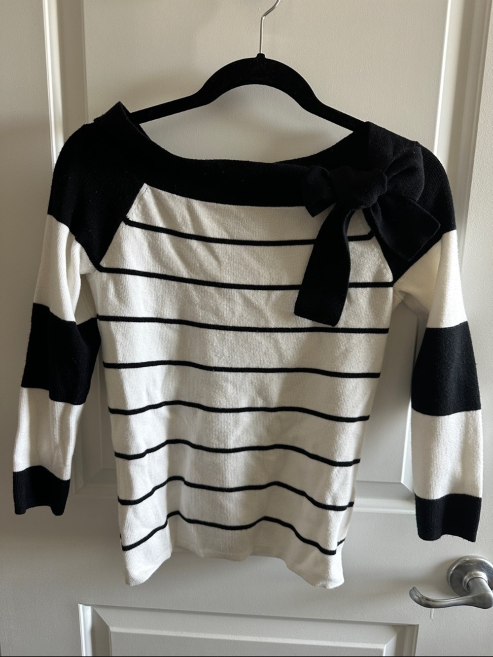 Studio Y Black & White Striped Off-Shoulder Sweater with Bow